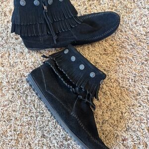 Minnetonka Black Suede Fringe Ankle Boots with Concho Accents